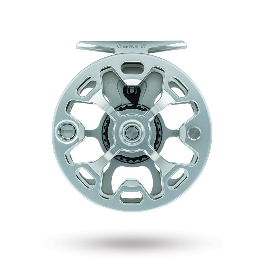 Ross Cimarron LT fly reel back view showing open frame and black drag mechanism