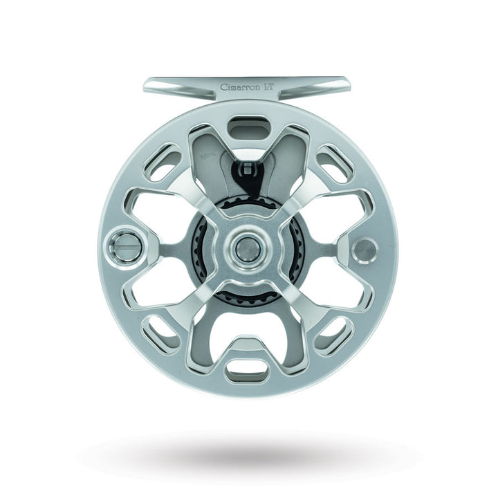 Ross Cimarron LT fly reel back view showing open frame and black drag mechanism