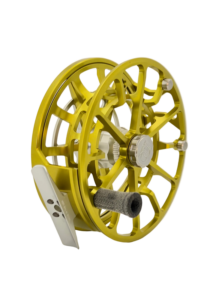Ross Evolution R Salt fly reel side profile showing textured grey handle and open spool design