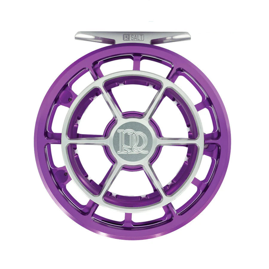 Back view of purple Ross R Salt fly reel highlighting silver hub and engraved handle mount