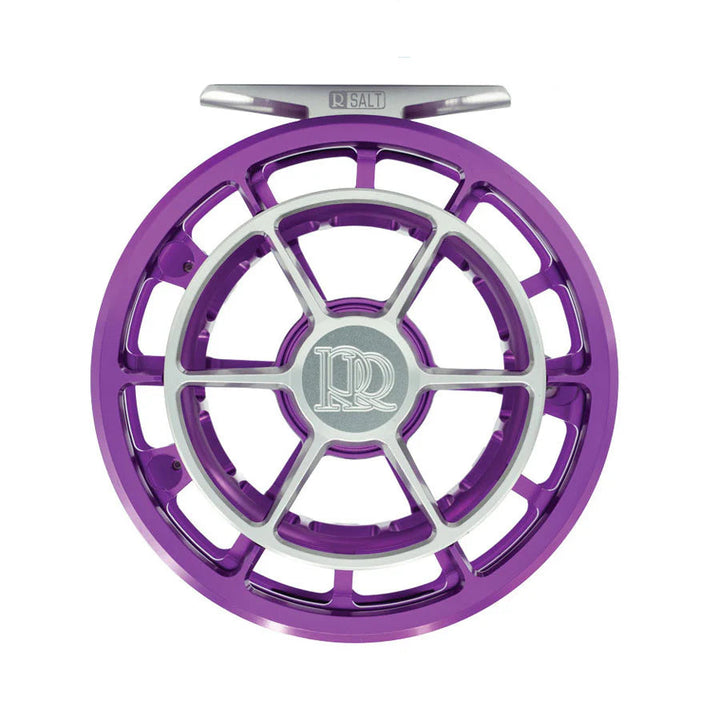 Back view of purple Ross R Salt fly reel highlighting silver hub and engraved handle mount