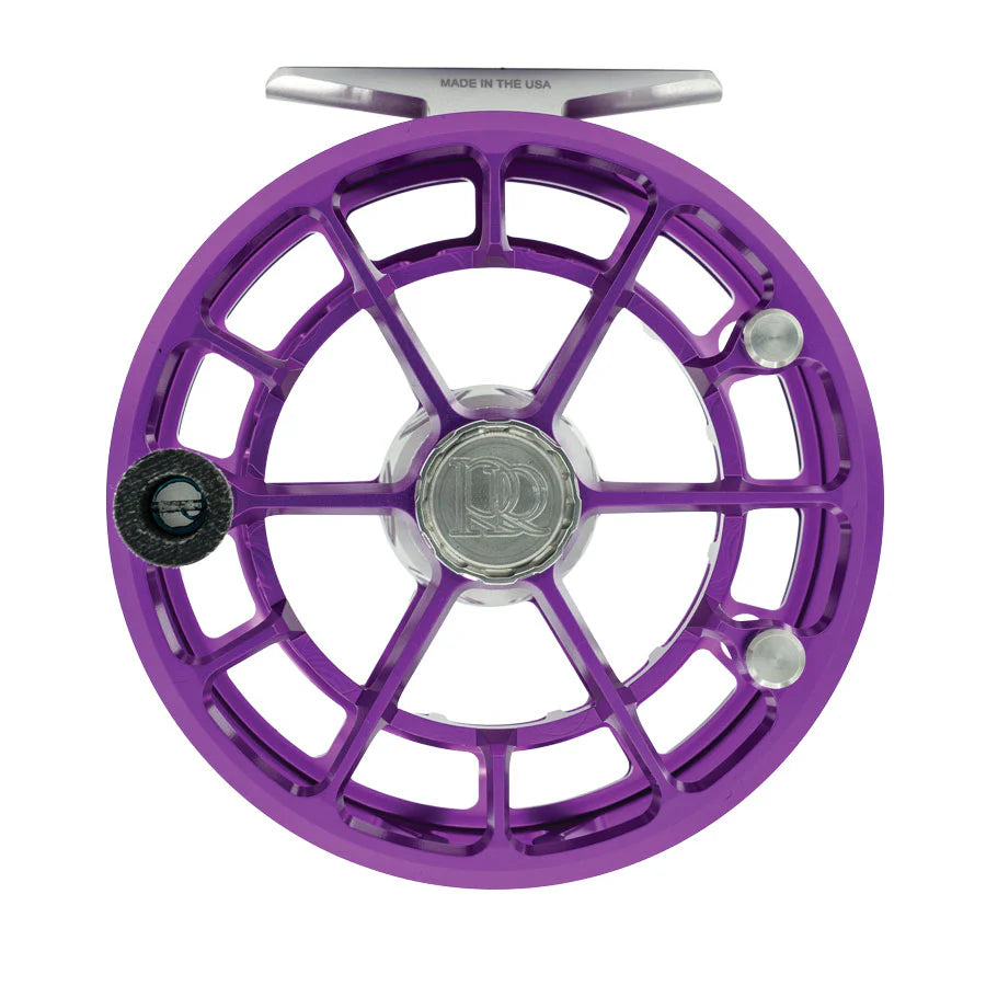 Ross Evolution R Salt fly reel in purple with 16-disc drag system and open-frame spool