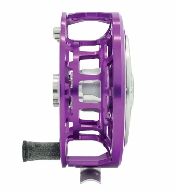 Side view of Ross Evolution R Salt saltwater fly reel showing skeletal frame and handle