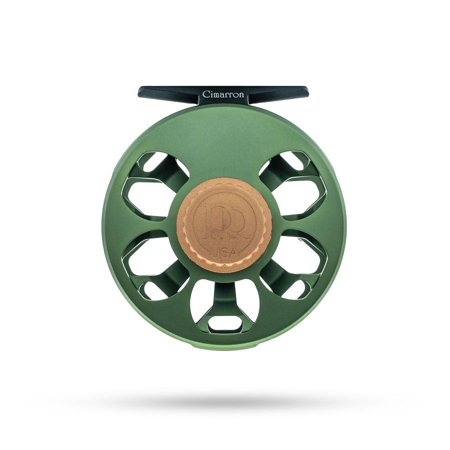 Olive green Ross Cimarron fly reel with engraved handle and copper logo detail