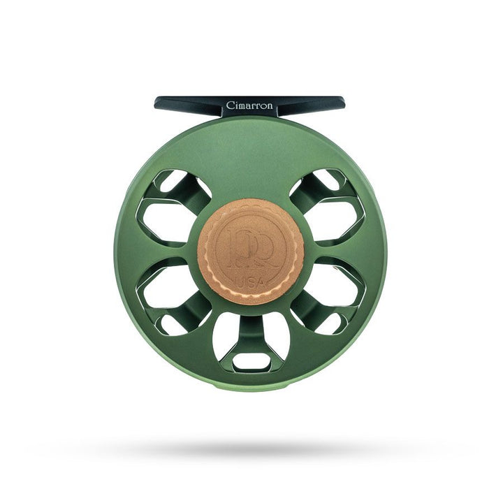 Olive green Ross Cimarron fly reel with engraved handle and copper logo detail