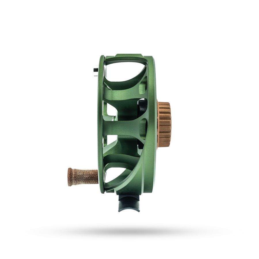 Ross Cimarron fly reel in matte olive green with cork handle and open-frame spool