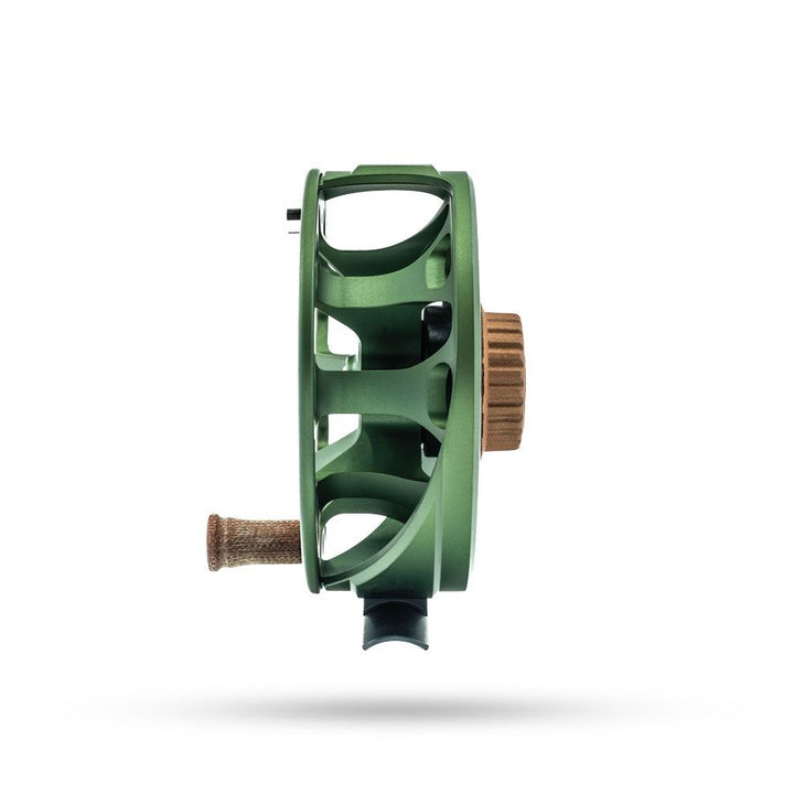 Ross Cimarron fly reel in matte olive green with cork handle and open-frame spool
