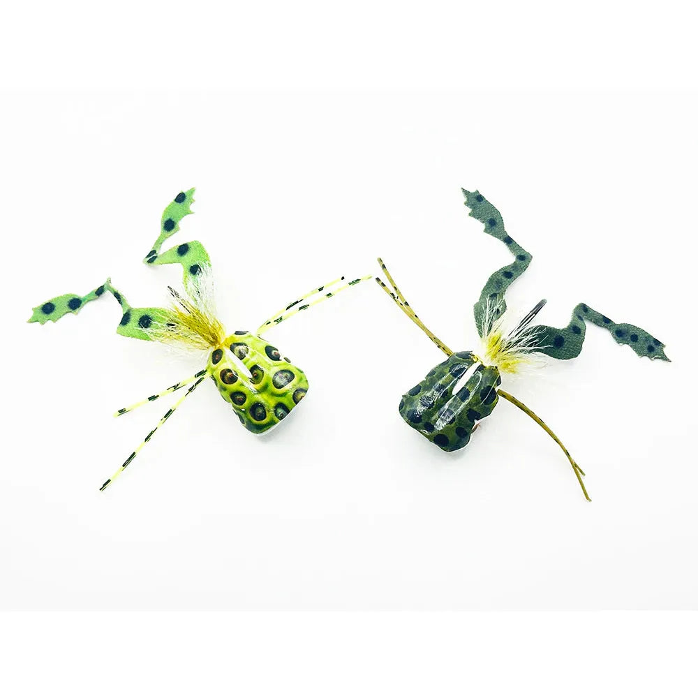 Set of two foam frog flies in lime green and olive for bass fishing