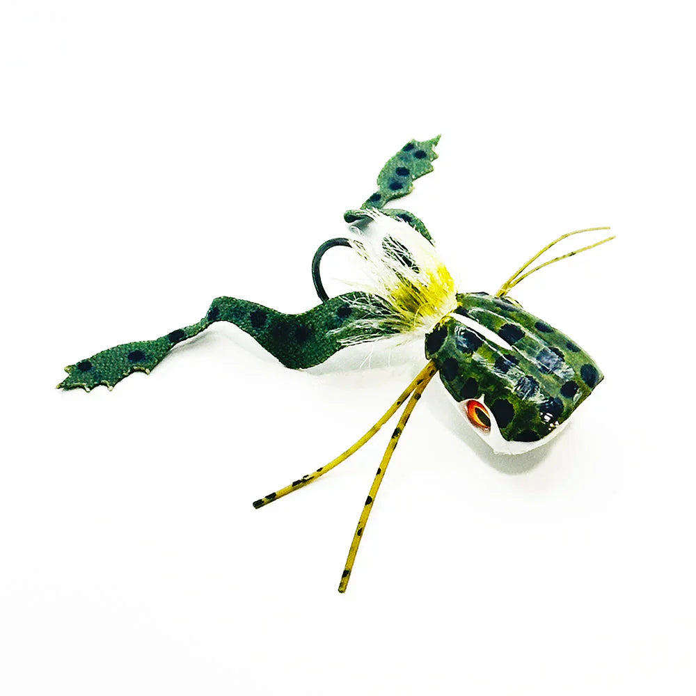 Close-up of dark green foam frog fly showing microfiber leg detail