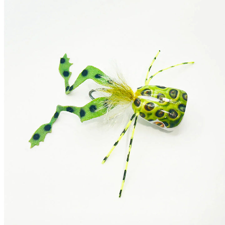 Lime green spotted foam popper fly with yellow striped legs