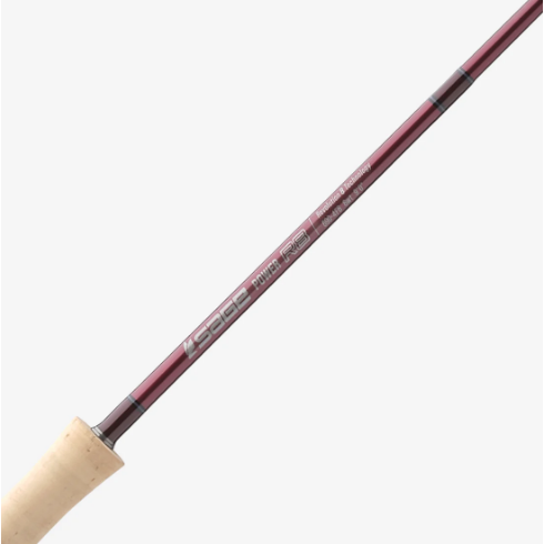 Sage Power R8 Salt fly rod maroon blank with silver logo and cork handle detail