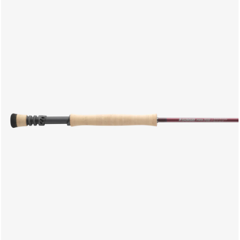 Sage Power R8 Salt fly rod black reel seat and tan cork grip close-up