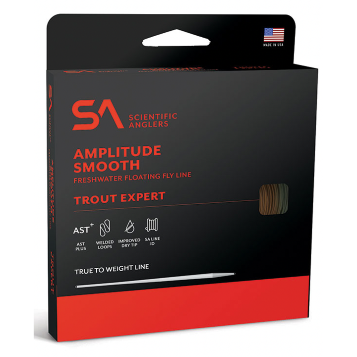 Scientific Angler Amplitude Smooth Trout Expert fly line packaging showing AST Plus technology and welded loops