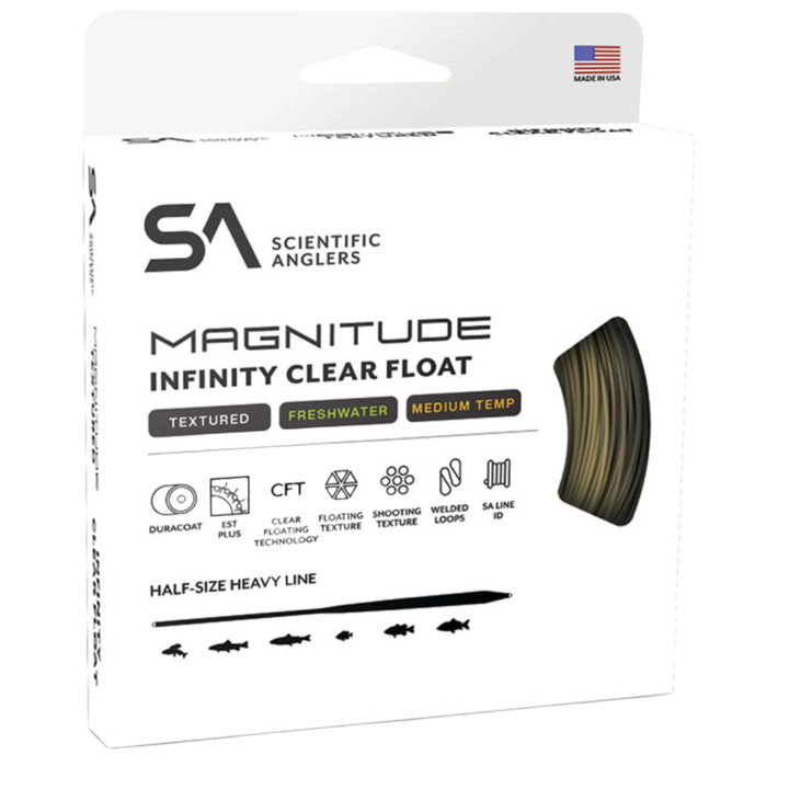 Scientific Angler Magnitude Infinity Clear Tip Float fly line packaging showing Made in USA label and features