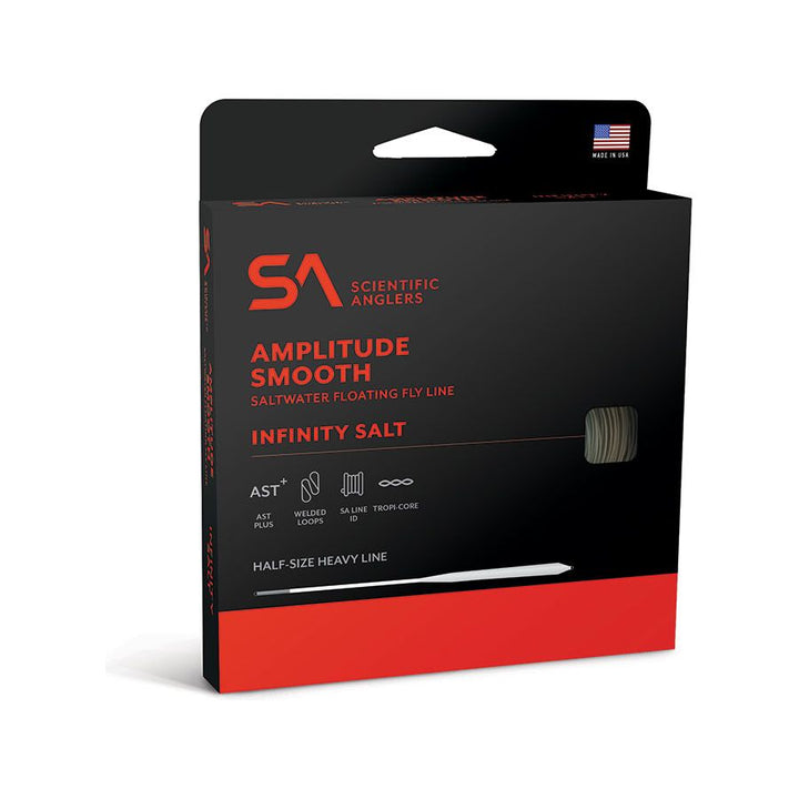 Scientific Anglers Amplitude Smooth Infinity Salt saltwater floating fly line packaging with AST Plus and Tropi-Core features