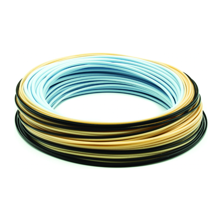 Coiled Scientific Anglers Amplitude Tarpon textured fly line displaying black, sand, and light blue color-coded segments