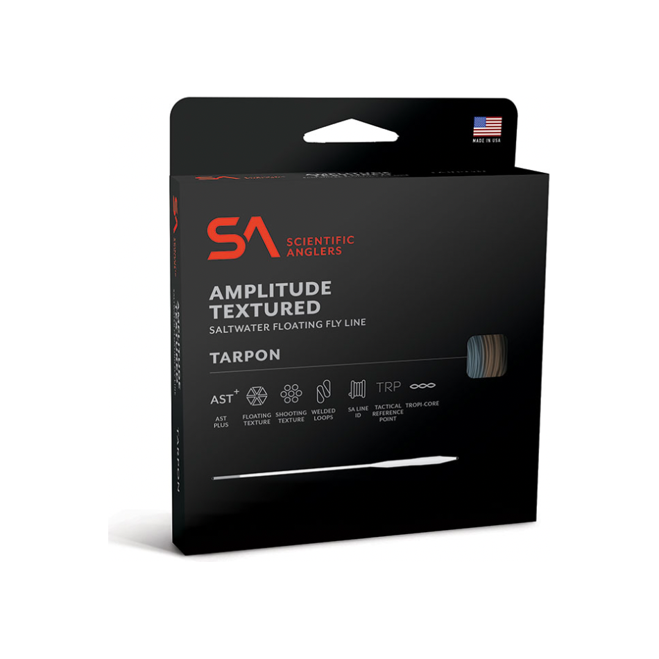 Scientific Anglers Amplitude Tarpon saltwater floating fly line box packaging highlighting AST Plus additive and Made in USA origin