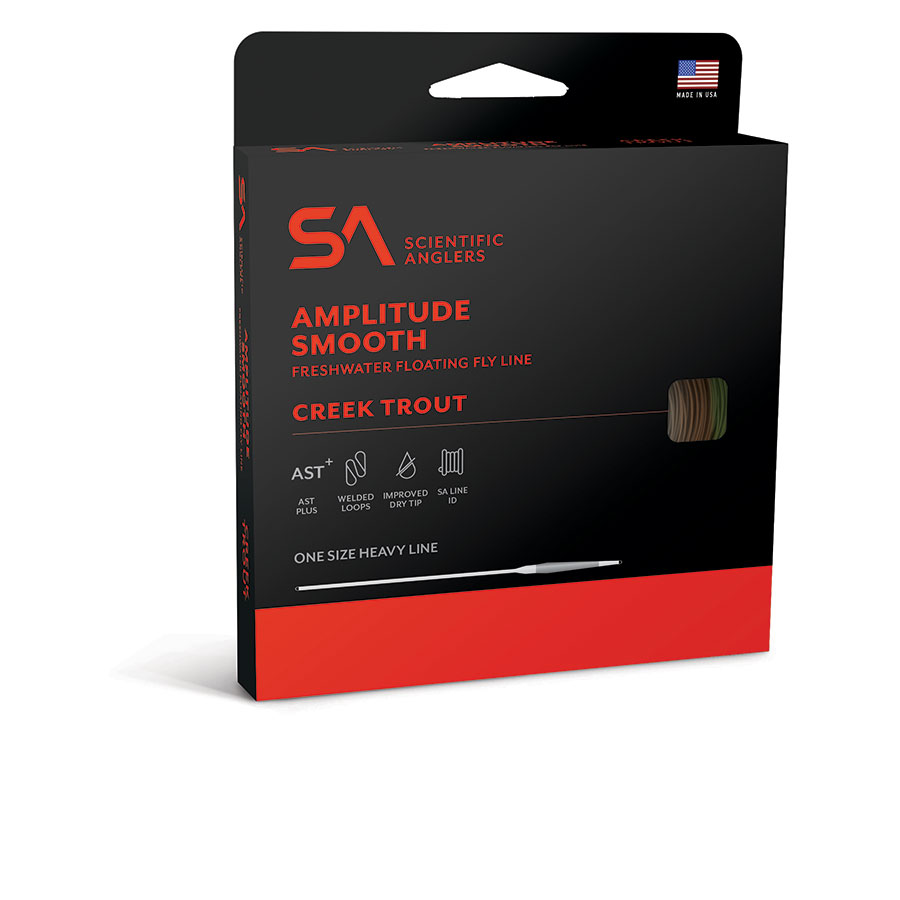 Scientific Anglers Amplitude Smooth Creek Trout fly line packaging showing product box and multicolored line
