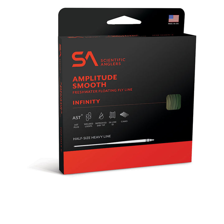 Scientific Anglers Amplitude Smooth Infinity fly line packaging with feature icons