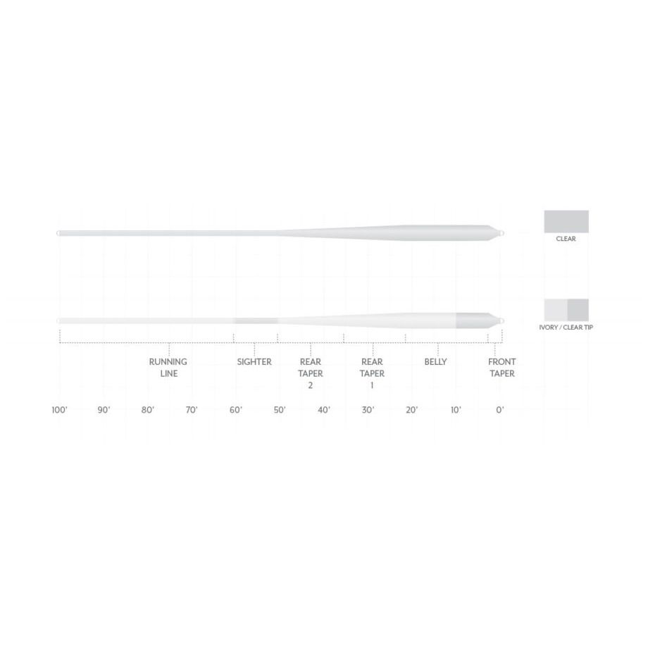 Technical diagram showing taper profile and clear ivory tip of fly line