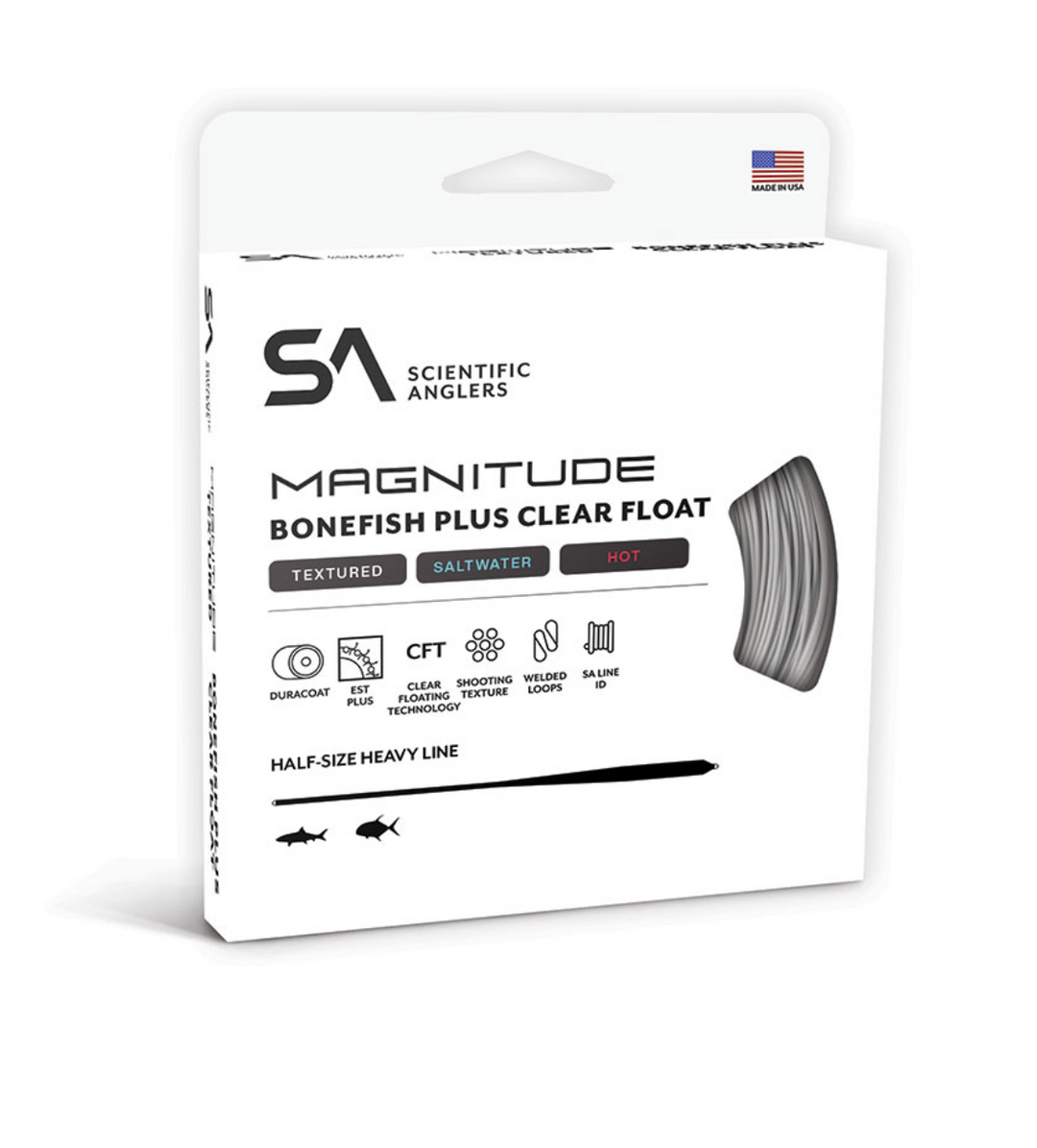 Scientific Anglers Magnitude Bonefish Plus fly line packaging box featuring DuraCoat technology and Made in USA label