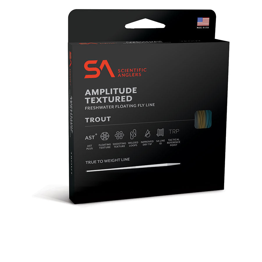 Scientific Anglers Amplitude Textured freshwater floating trout fly line packaging with AST Plus additive icons