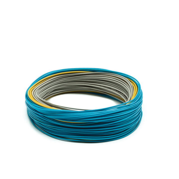 Coiled Scientific Anglers Amplitude Textured trout fly line in celestial blue bamboo and blue heron color