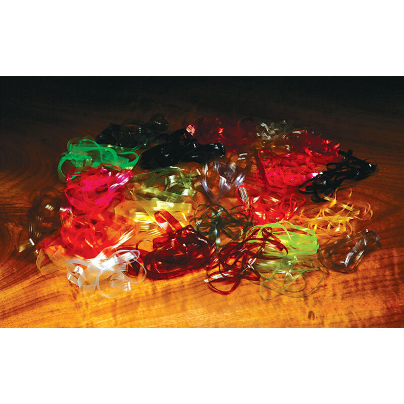 Assorted neon and clear Scud Back fly tying ribbons