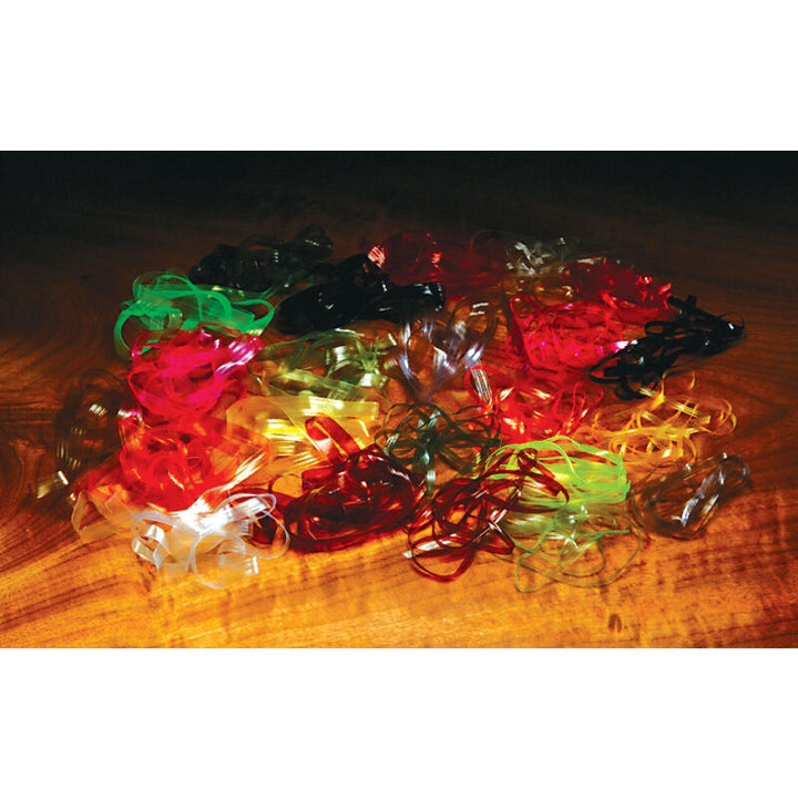 Assorted neon and clear Scud Back fly tying ribbons