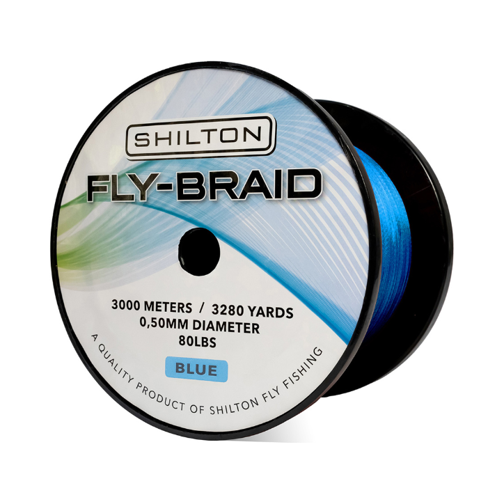 Shilton Fly-X Braid 80lb Blue fly backing spool with label showing specs