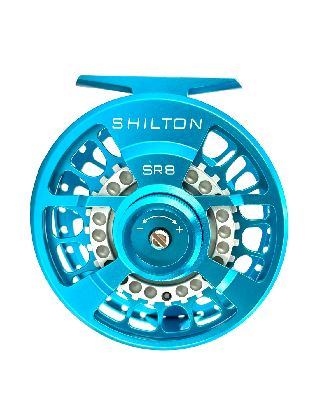 Shilton SR8 turquoise fly reel with machined aluminum frame and large cutouts