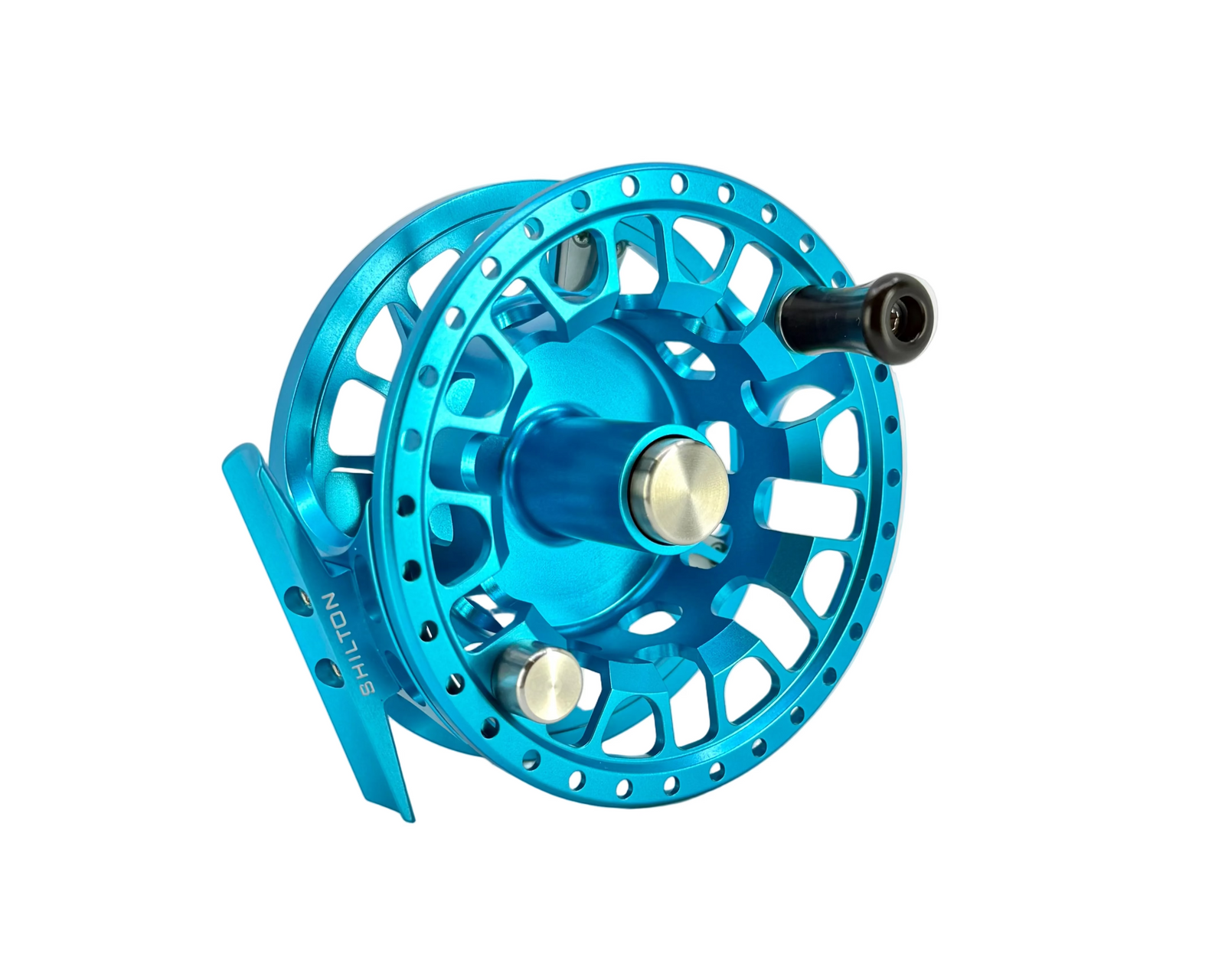 Shilton SR8 saltwater fly reel side view showing black handle and drag knobs