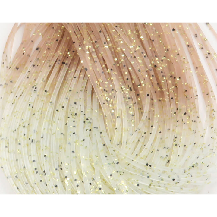 Pale tan gradient Shrimpy Crabby Legs fly tying material with gold and black glitter
