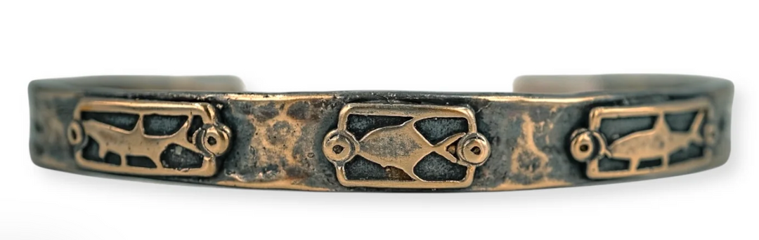 Sight Line Provisions Bronze Cuff with bonefish tarpon permit engravings and hammered texture