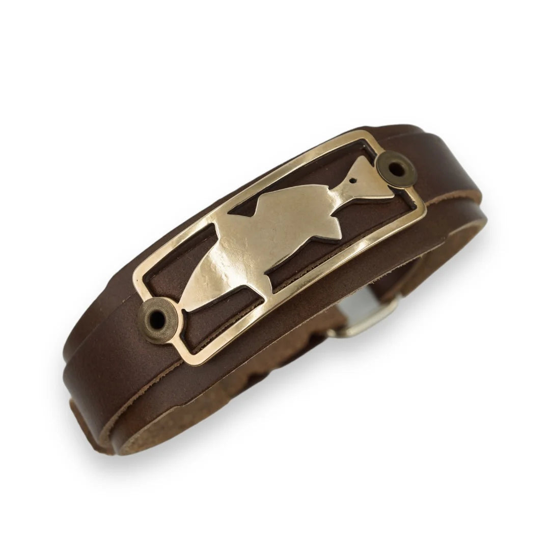 Bronze redfish fishing bracelet with hammered metal badge on tapered leather band