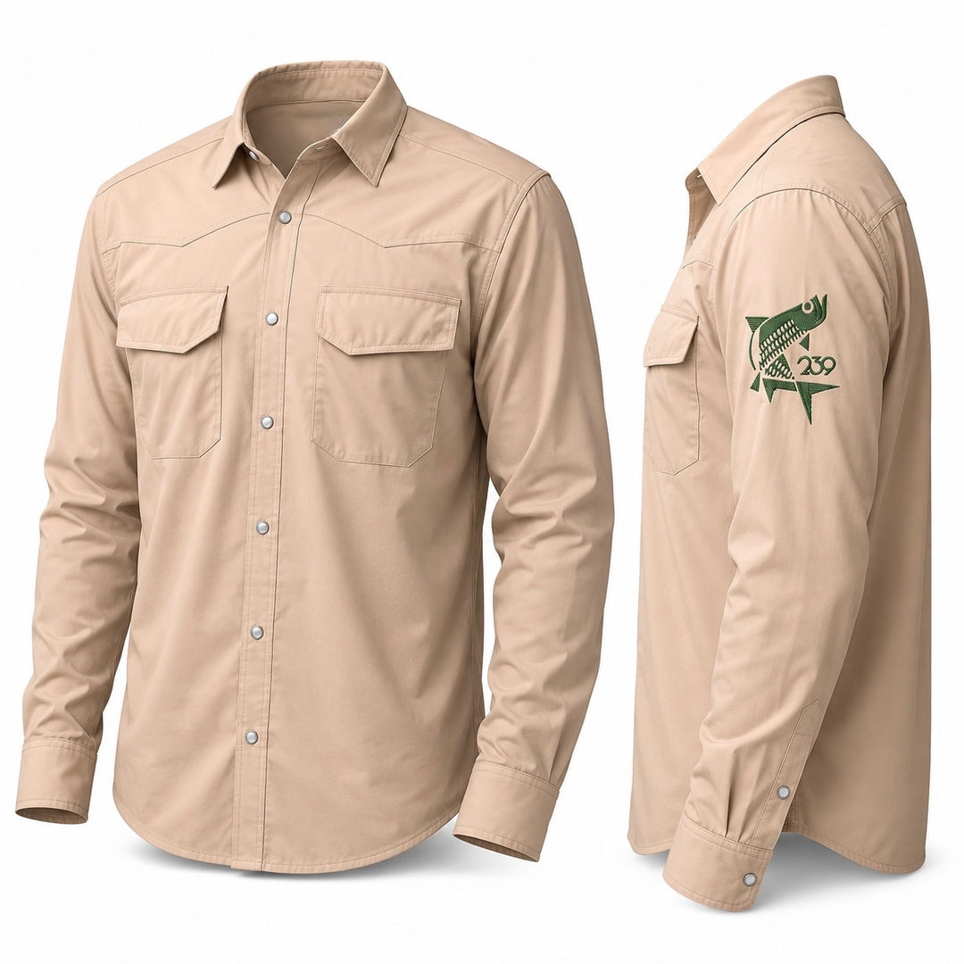 Simms Big Sky LS Shirt beige with green jumping tarpon logo on sleeve