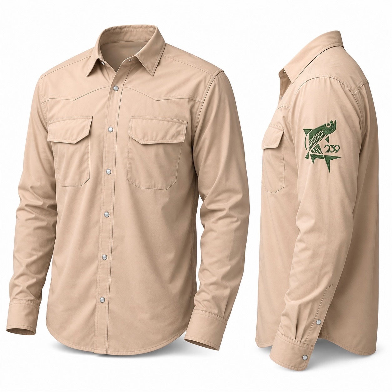 Simms Big Sky LS Shirt beige with green jumping tarpon logo on sleeve