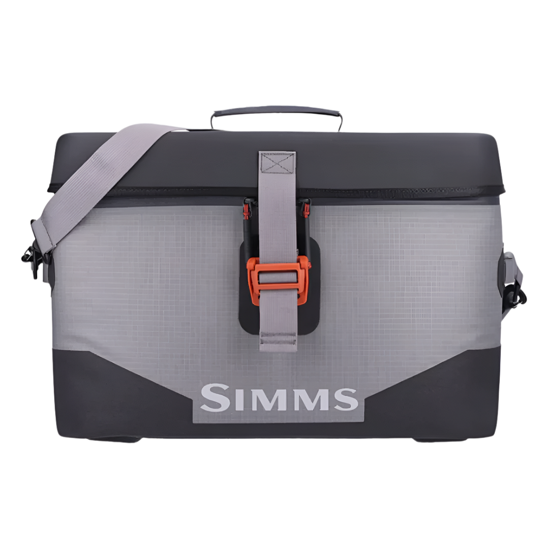 Simms Boat Bag Large Steel 25L front view with orange buckle and grey nylon