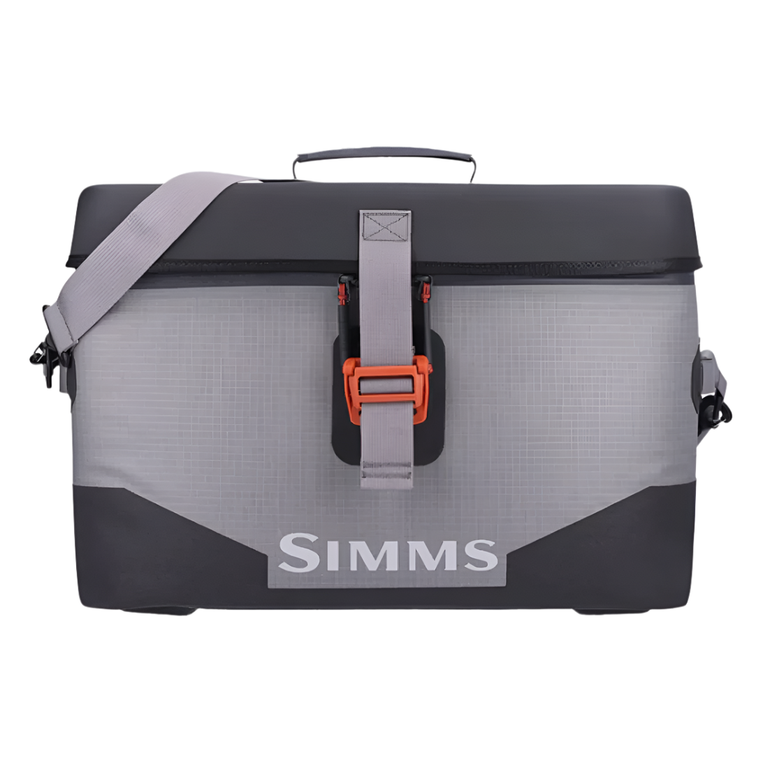 Simms Boat Bag Large Steel 25L front view with orange buckle and grey nylon