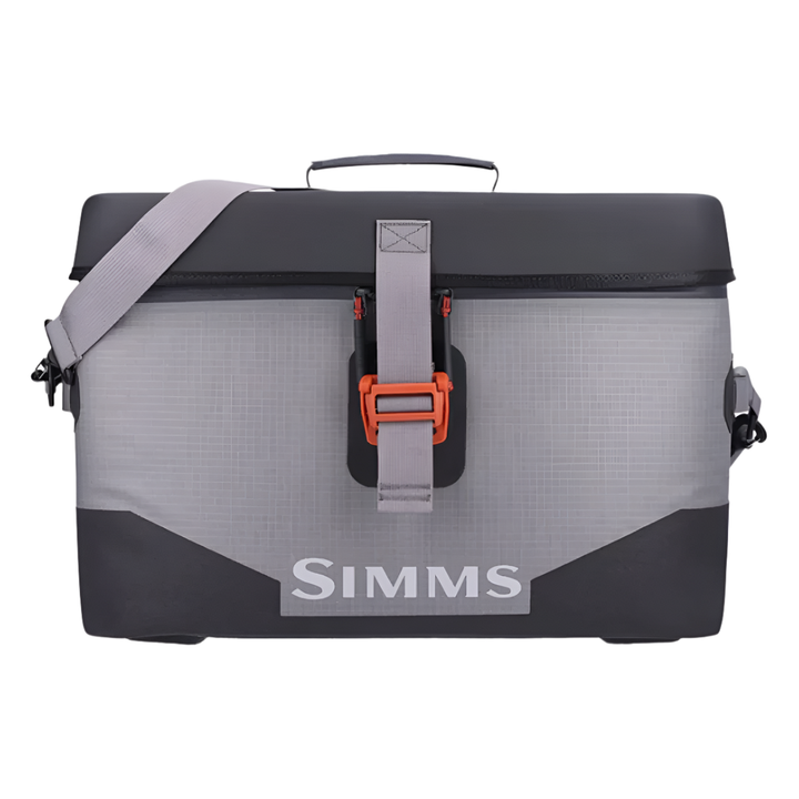 Simms Boat Bag Large Steel 25L front view with orange buckle and grey nylon