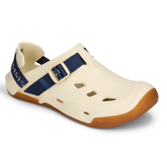 Simms Drifter Tallow cream boat shoe with navy strap and gum rubber sole