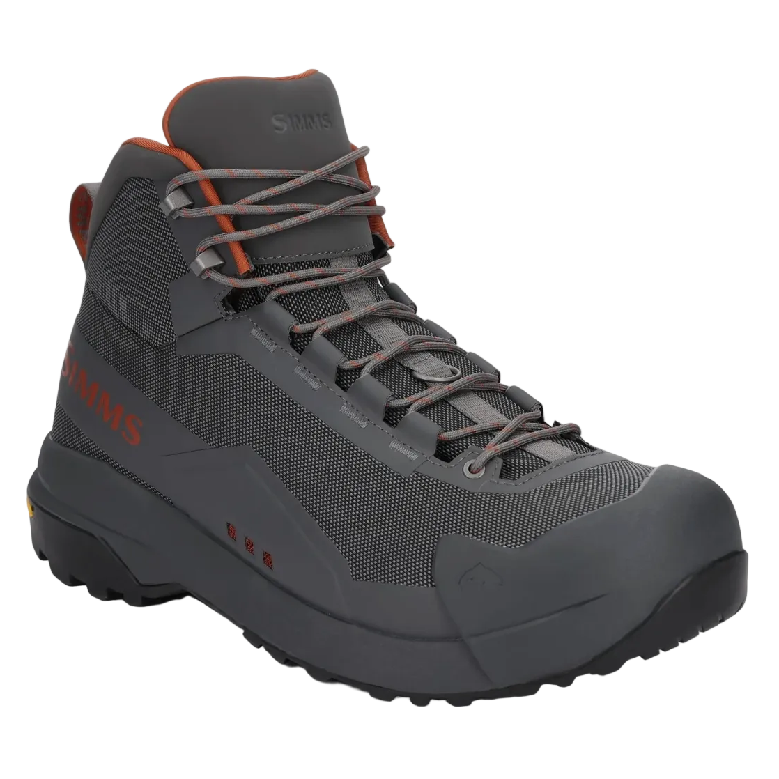 Simms Flyweight wading boot with Vibram sole, grey woven upper and orange accents