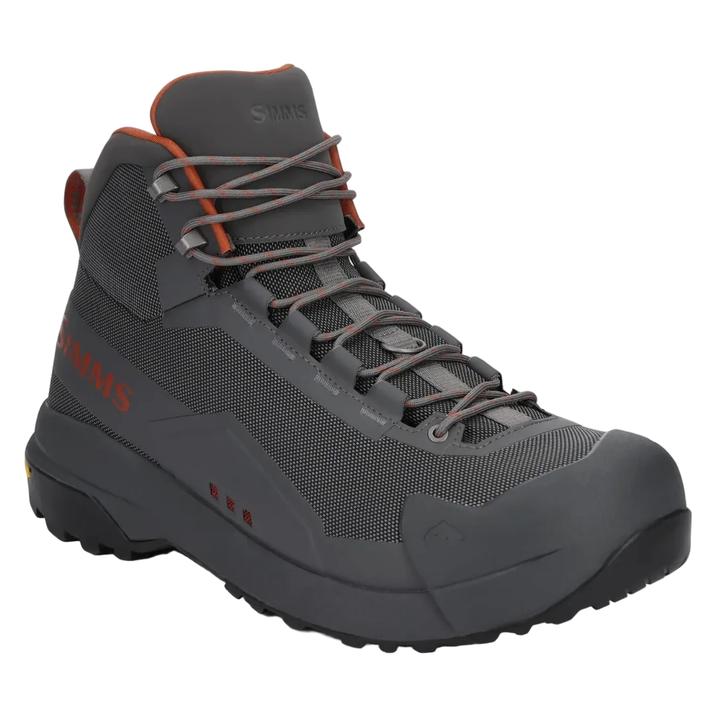 Simms Flyweight wading boot with Vibram sole, grey woven upper and orange accents