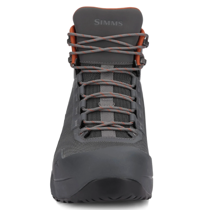 Front view of Simms Flyweight wading boot showing lace-up closure and toe guard