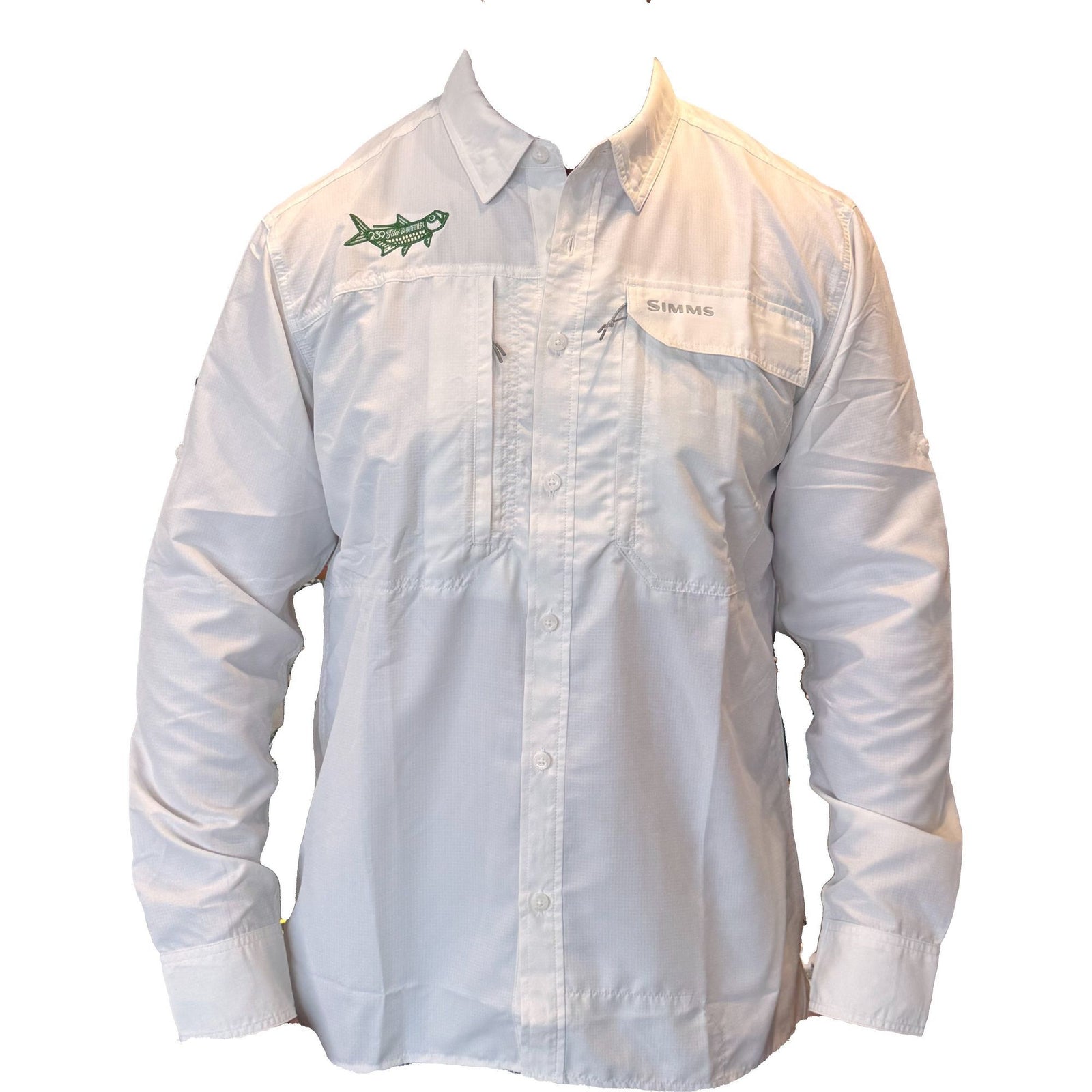 White Simms fishing shirt showing poly-nylon ripstop texture and grey zipper details