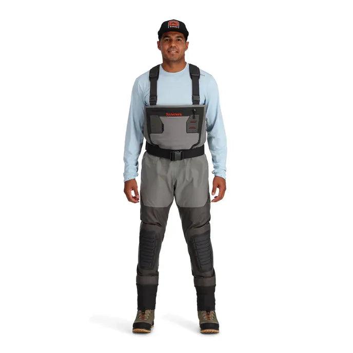 Simms Confluence Stockingfoot Waders front view with zippered pockets