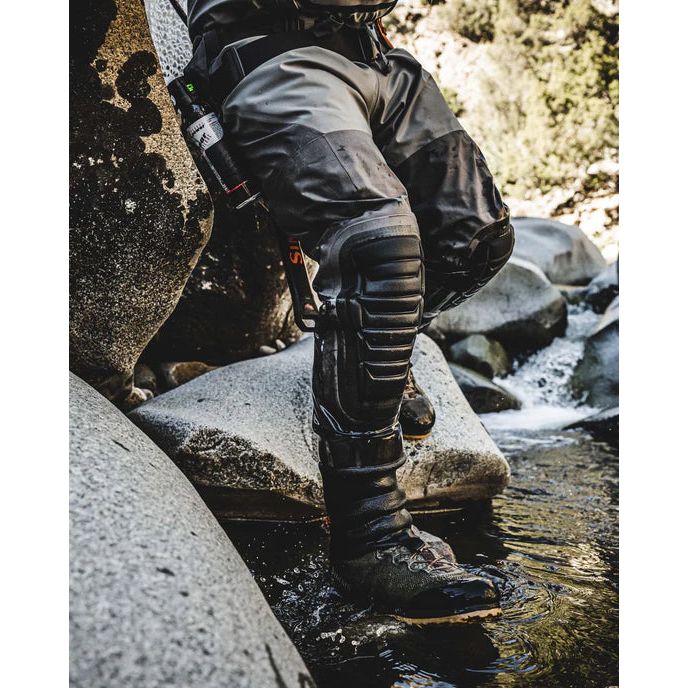 Simms Confluence Waders stockingfoot cuff stepping in stream water