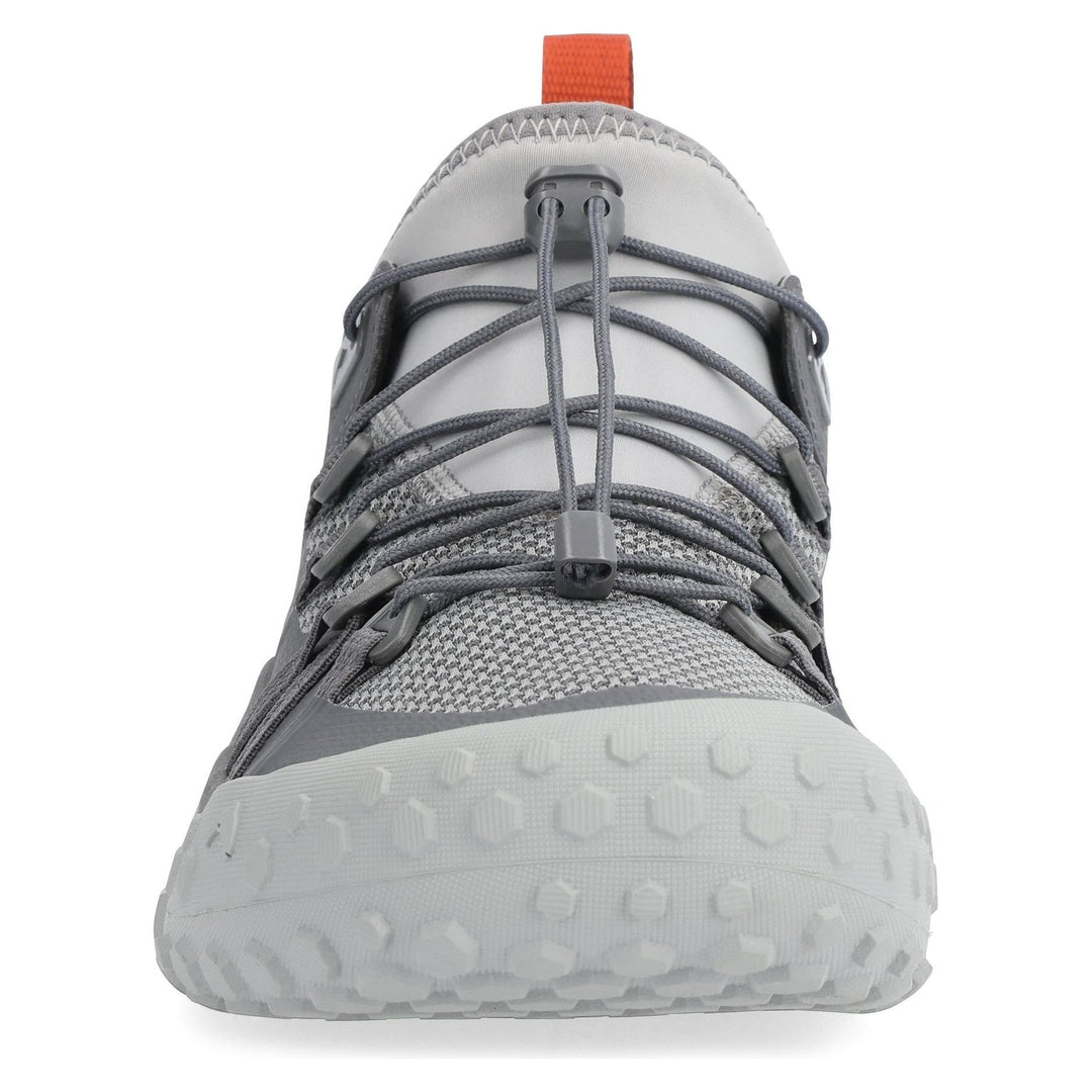 Simms Pursuit Shoe front detail showing quick-lace toggle system and toe bumper