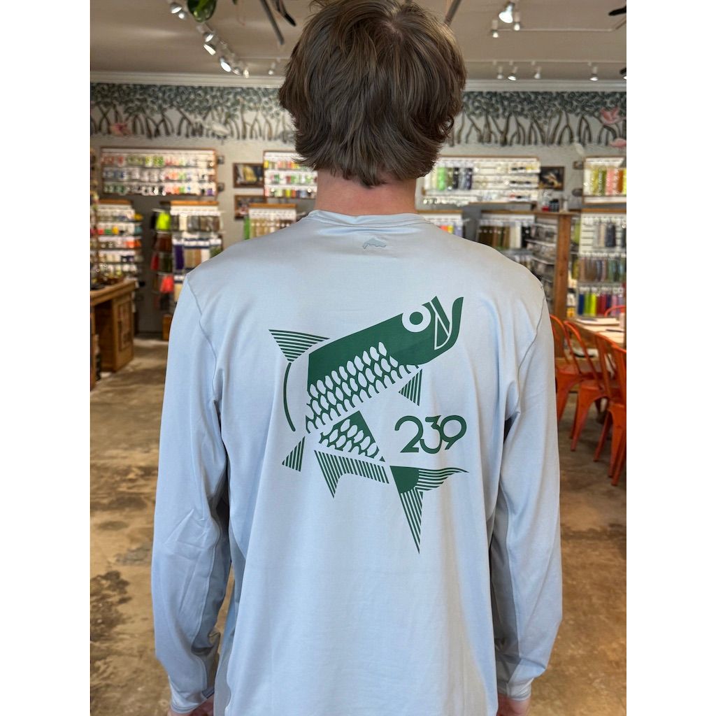 Simms SolarFlex Crew X Sterling/Cinder UPF 50+ fishing shirt with green tarpon graphic