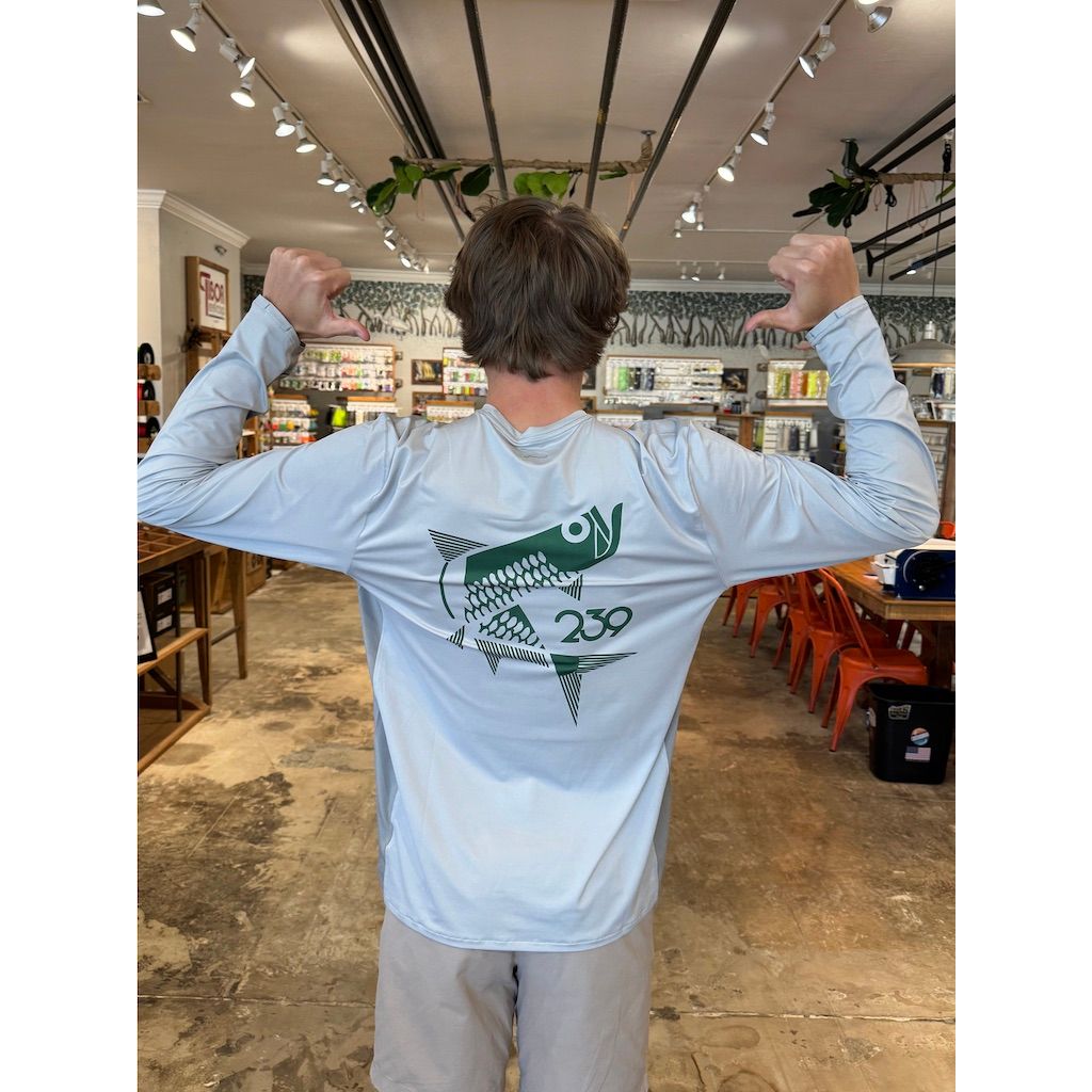 Back view of Simms SolarFlex Crew X showing fit and stretch of grey tarpon fish shirt